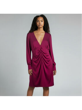 Size L Express Magenta Purple Long Sleeve Ruched V-Neck Stretchy Midi Dress